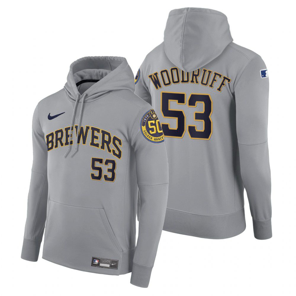Cheap Men Milwaukee Brewers 53 Woodruff gray road hoodie 2021 MLB Nike Jerseys